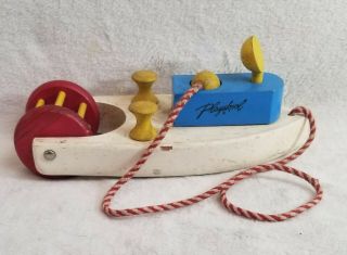Vintage Playskool Pull Toy Wooden Wagon Boat With Wood Rolling Balls