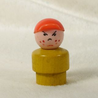 Vintage Fisher Price Little People Wood Mad Boy Grumpy Yellow Red Cap