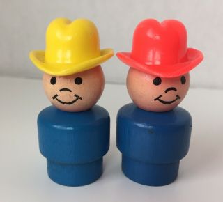 Vintage Fisher Price Little People All Wood Set Of 2 Cowboys/farmers