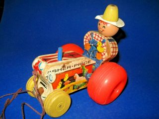 Vintage Fisher Price Wooden Tractor W/ Farmer Pull Toy 629 (1961)