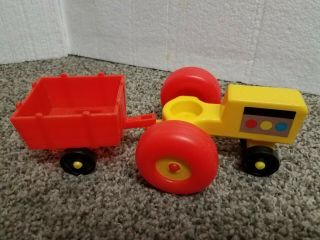 Vintage Fisher Price Little People Yellow Tractor W/red Cart Wagon Farm