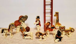 Vintage Fisher - Price Little People Wooden Circus Train Animals W/ring Leader