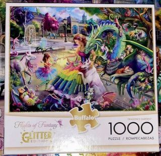 Flights Of Fantasy Dragon Garden 1000 Piece Puzzle Fairy Unicorn Glitter Buffalo