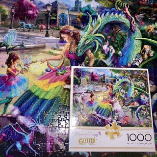 Flights Of Fantasy Dragon Garden 1000 Piece Puzzle Fairy Unicorn Glitter Buffalo 2
