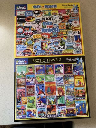 Two White Mountain 1000 Piece Puzzles: A Day At The Beach And Exotic Travels