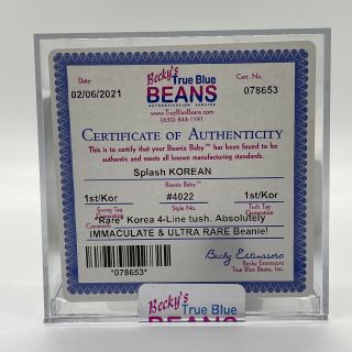 Authenticated True Blue Beans Ty Beanie Baby Splash Ultra Rare Korean 1st/1st