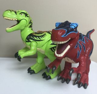 Mattel 2004 Imaginext Two (2) Razor The T - Rex Dinosaurs Green & Red Roar & Chomp