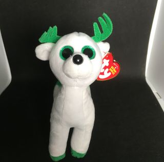 Ty Beanie Babies Peppermint Christmas Green Eyes Reindeer 6 " Plush W/ Tags