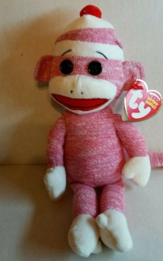 2011 Ty Retired Pink Sock Monkey Plush Beanie Buddies Red Button Medium Beanbag