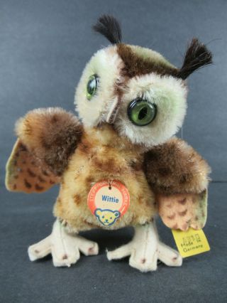 Steiff Mohair Plush " Wittie " The Owl 4310 W/button,  Yellow Tag & Name Tag