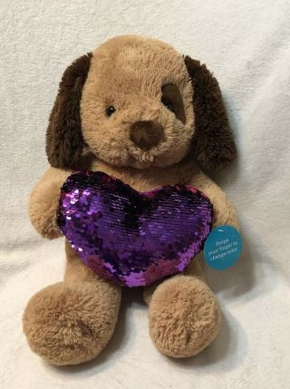 Dan Dee Collectors Choice Plush Brown Puppy Dog Flip Sequin Heart Pillow Toy