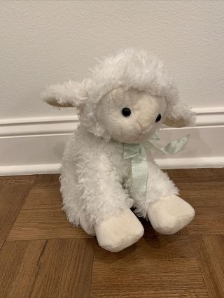 Hobby Lobby Plush Baby Cream Lamb Sheep Gingham Green Bow Stuffed Animal