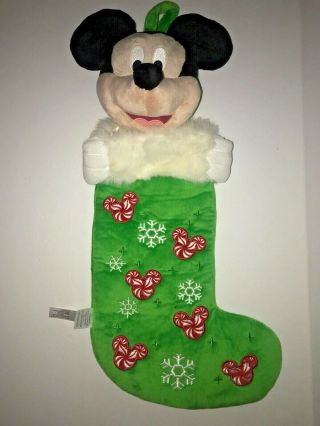 Disney Christmas Stocking Mickey Mouse Green Snowflake Peppermint Plush