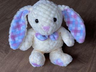 Kellytoy Plush Quilted White Bunny Rabbit Pastel Blue Pink Ears Vtg Bow Tie