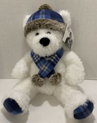 St Judes - 18 " Inch White Polar Bear Plush - Blue Plaid Scarf & Hat