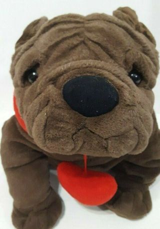 Dan Dee Bulldog Puppy Plush Stuffed Animal Brown Wrinkle Dog Red Collar Sharpei