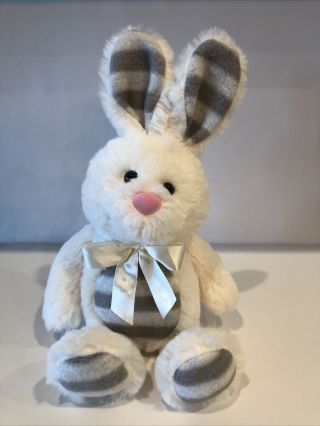 Dan Dee Plush Bunny Rabbit Soft Stuffed Animal White Gray Stripe Pink Nose 14 "