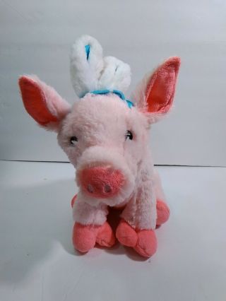 Dan Dee Pink Smiling Pig With White & Blue Bunny Ears Easter Plush 11 "