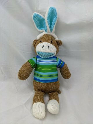 Dan Dee Sock Monkey 10 " Bunny Ears Blue Green Stripes Stuffed Animal Toy
