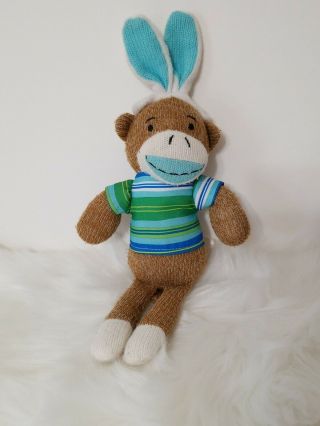 Dan Dee 11 " Sock Monkey With Bunny Rabbit Ears Blue And Green Plush