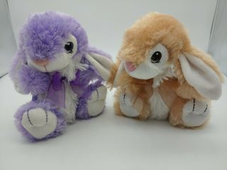 2x Dan Dee Soft Purple / White; Brown / Wht Easter Bunny Rabbit W Bow 7 " Plush