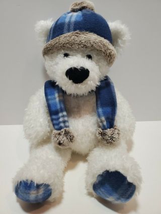 U3 St Judes Gentle Treasure 18 " White Polar Bear Plush Blue Plaid Scarf Hat Xmas