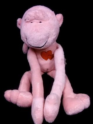 Dan Dee Monkey Plush 10 " Pink Stuffed Animal / Hook & Loop Hands / Two Hearts