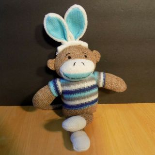 Dan - Dee Sock Monkey Easter Bunny Ears Knit Plush Soft Toy Brown Blue White 12 "