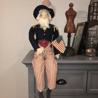 Uncle Sam 32 " Art Doll Sitter Soft Sculpture Hand Painted Face Tails Home Decor