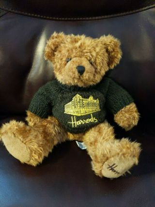Vtg Harrods Knightbridge Plush Teddy Bear Green Gold Embroidered Knit Sweater
