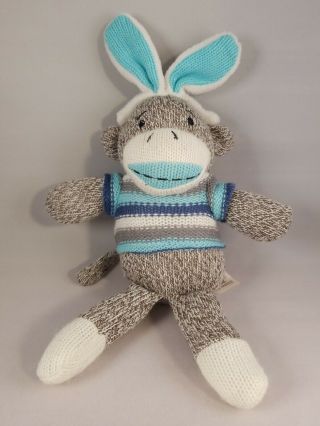 Dan Dee Easter Sock Monkey Bunny Ear Blue Stripe Sweater Plush Stuffed Toy