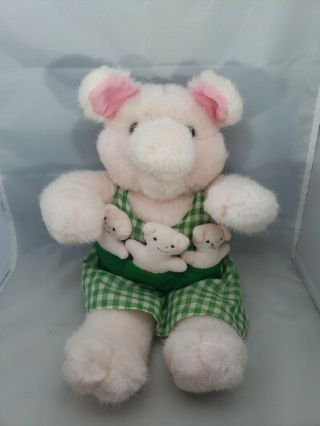 Dakin 1993 Plush Pink Mama Mom Pig With 3 Piglets Babies In Apron Pockets 16 "