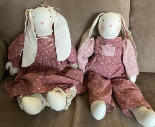 Country Handmade Folk Art Primitive Cloth Bunny Rabbit Rag Doll Boy Girl Set 19”