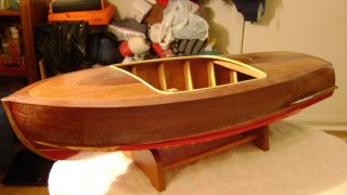 Old 27 " Chris Craft Style Wood Toy Boat / Open Cockpit W/ Covered Hatch