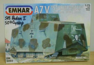 1/72 Emhar A7v Tank 5003 X2 Baden I Cyklop Wwi Sturmpanzer