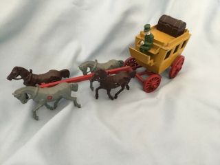 Vintage Metal Horse Drawn Coach Carriage 4 Horses And Driver And Trunk