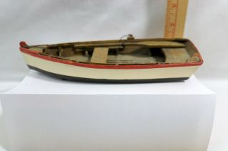 Vtg Wood Model Ship 8 - 5/8 " Handmade Skiff / Rowboat W/ Oar - White,  Red Trim
