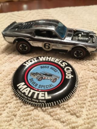 1969 Hot Wheels Redline Hk Chrome Mustang Boss Hoss Silver Special Button Badge