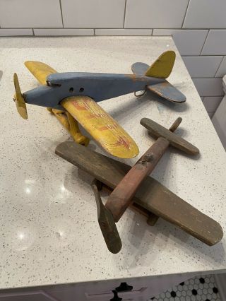 2 Vintage Wood Handmade Airplane Turning Propellers Primitive Folk Art