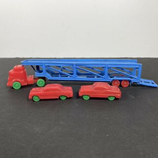 Vintage Small Plastic Toy Car Carrier Truck With 2 Autos 1950 