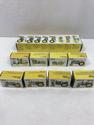 Vintage Box Of Eight 8 John Deere Miniature Toy Tractors Nm Die Cast Set 1:64