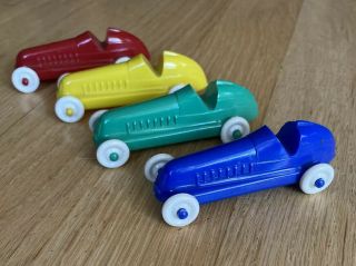 Vintage Hard Plastic Race Car 3 " Set Of (4) Colors Red Green Blue Yellow