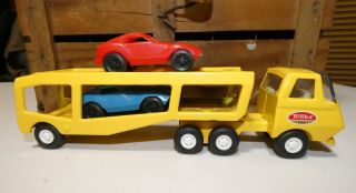 Vintage Pressed Steel Tonka Yellow 9 - 1/2 " Car Carrier Hauler With Two Cars
