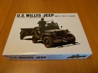 Bandai Us Willys Jeep W/ Trailer And Soldiers Model Kit 1:48