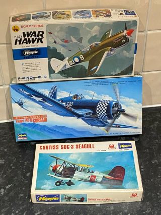 Hasegawa 1/72 Ww2 Aircraft Kits X 3,  P - 40 Warhawk,  F4u Corsair & Soc - 3 Seagull