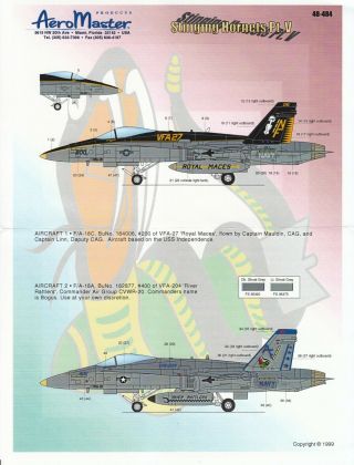 AEROMASTER DECALS 1/48 F/A - 18A/C Hornet VFA - 27 Royal Maces VFA - 204 CVWR - 20 (USN) 3