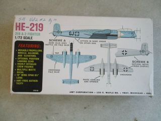 Vintage 1/72 Scale He - 219 A - 2 Fighter Model By Amt 3702 - 80