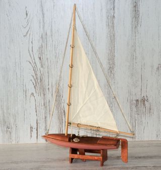 Vtg 22 " By 14 " Model Sailboat W/ Stand - Yacht Cloth Sail