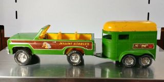 Vintage Nylint Stables Truck And Horse Trailer Green/yellow Pressed Steel