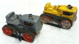 2 1950s Marx Wind - Up Crawler Dozer Track Tractor Pressed Steel Plastic Tin Toy